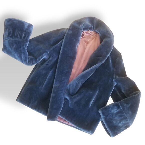 Plush Faux Fur Charcoal Open Front Vintage Jacket with Cuffed Sleeves  S… - Picture 3 of 12